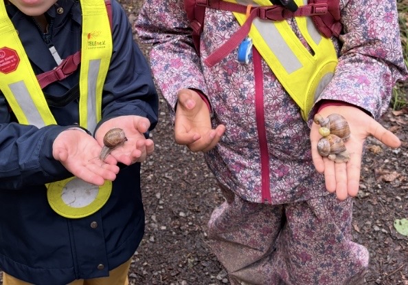 Kinder entdecken Schnecken bei einem Ausflug